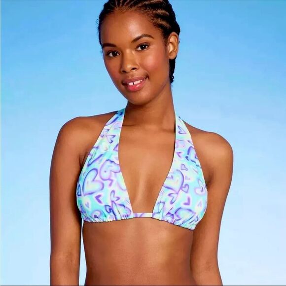 NWT- Wild Fable-Multiway Bikini Top Blue/Green Heart Print- Size Medium (8-10) - Picture 2 of 11